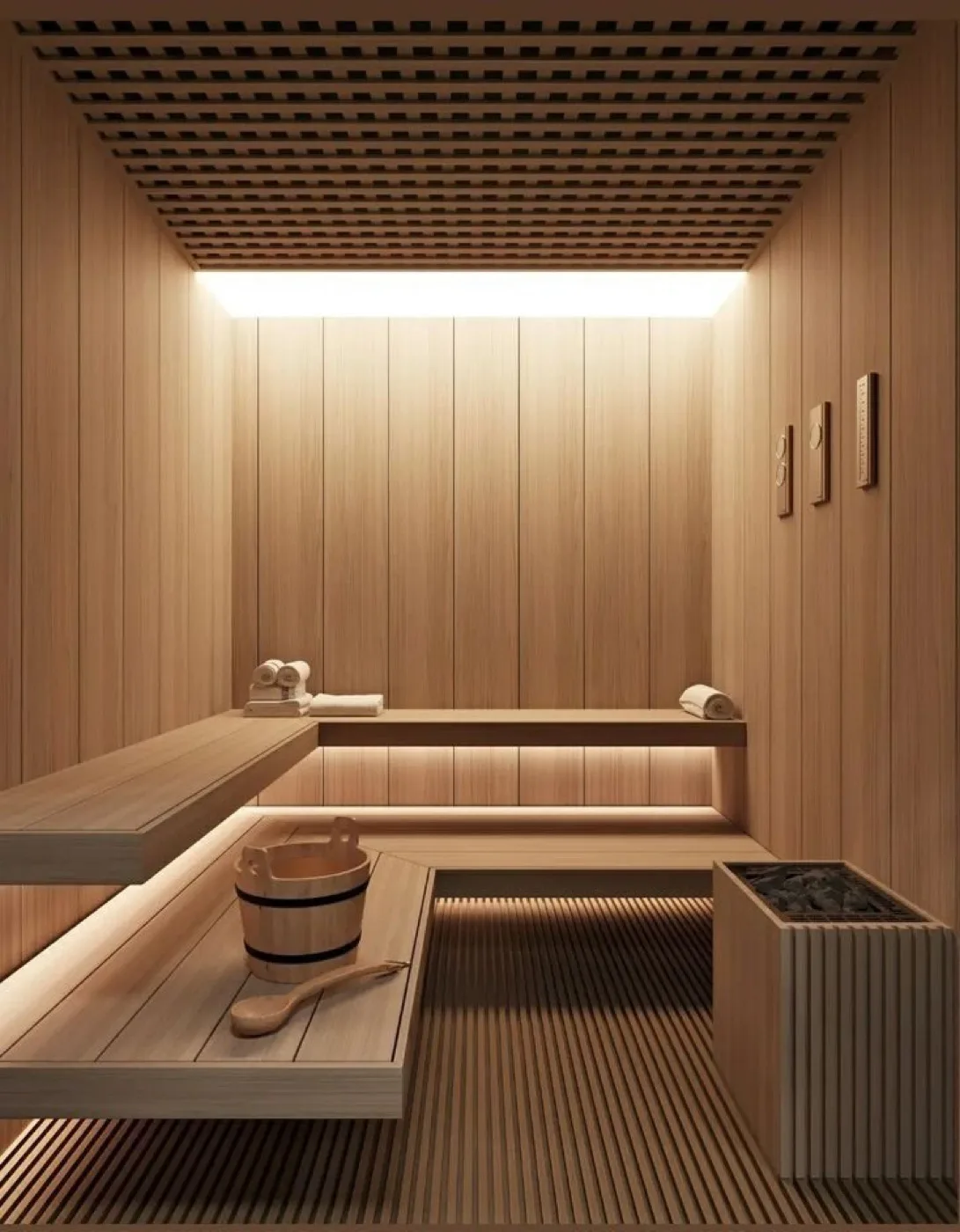 Wood-clad spa and sauna interior